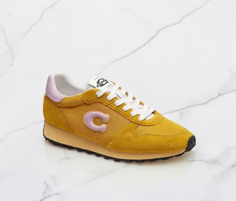 Coach Women’s C Logo Retro Runner Sneakers Mustard Yellow Pink Size 8.5